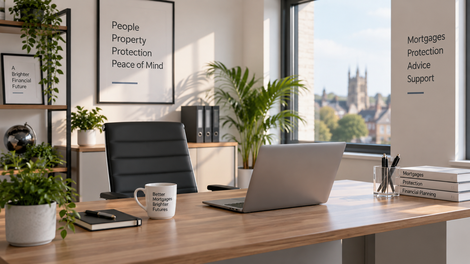 A small, bright mortgage adviser office with a desk, laptop and plants